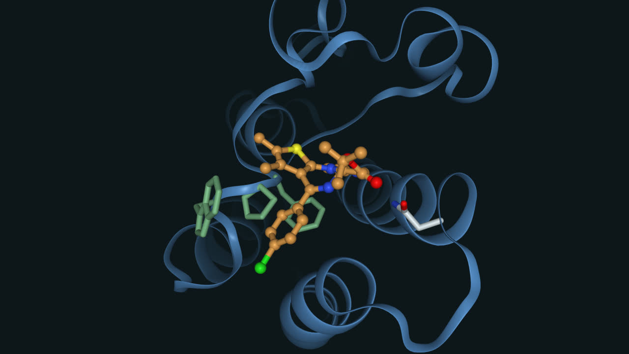 BRD4's first bromodomain in cartoon, with JQ1 in amber in its pocket beside Asn140 and the WPF shelf.